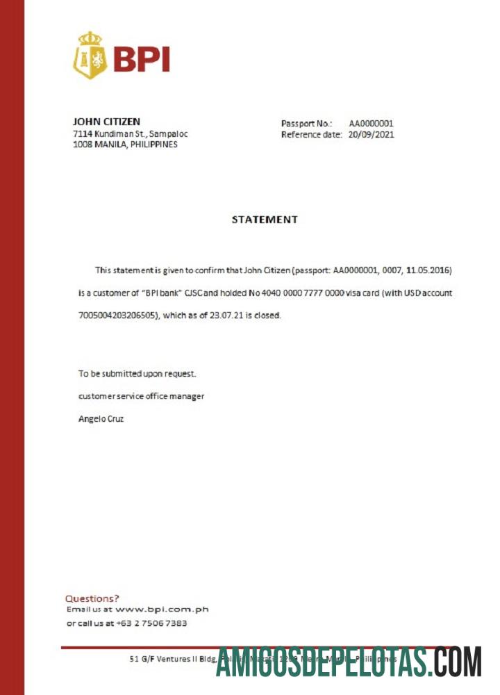 Referência de fechamento do BPI nas Filipinas baixar para verificação